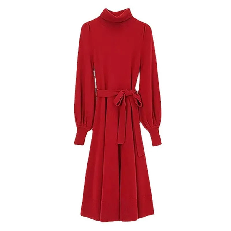 Rose red knit dress with a turtleneck collar, long sleeves, an elastic waist, and a loose big-hemmed midi skirt.