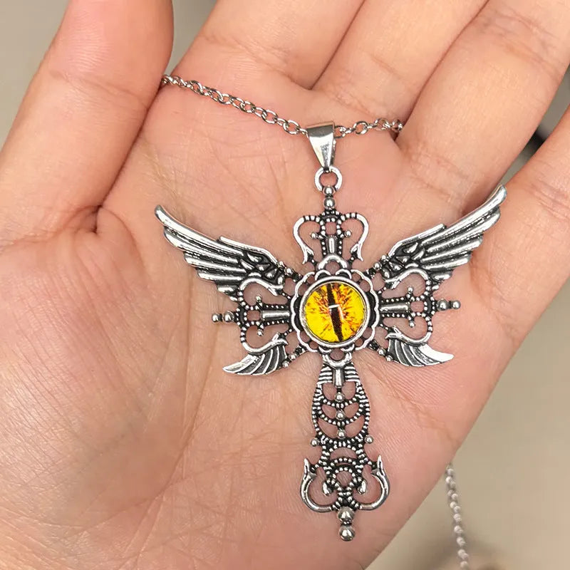 Alloy devil wings cross necklace pendant with geometric design in multiple colour options