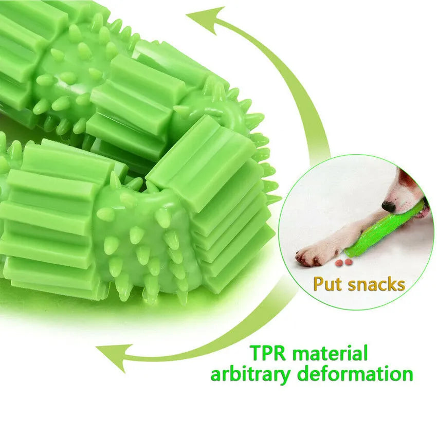 Green natural rubber dog chew toy with treat holes and squeaker for aggressive chewers