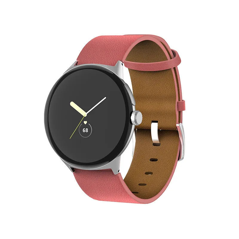 Genuine leather watch strap for Google Pixel Watch in black colour, flat interface design
