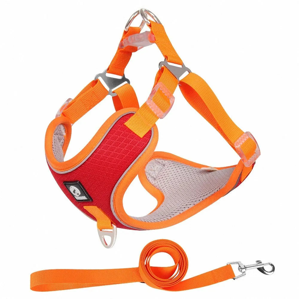 Breathable mesh dog harness with reflective piping in black, red, gray, or light purple for small medium pets