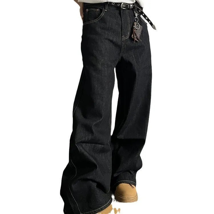 Black retro loose wide-leg jeans with straight-leg design and zip placket