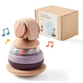 Wooden baby stacking post set with colourful shapes on a central post, packed in a cowhide box