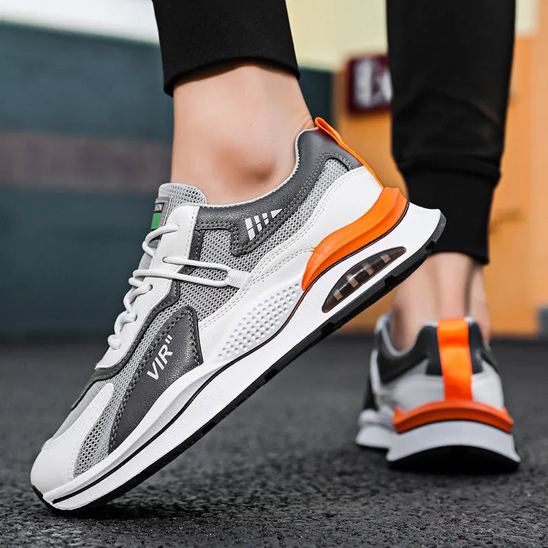 Men's grey and black mesh running shoes with round toe and lightweight EVA sole for summer jogging
