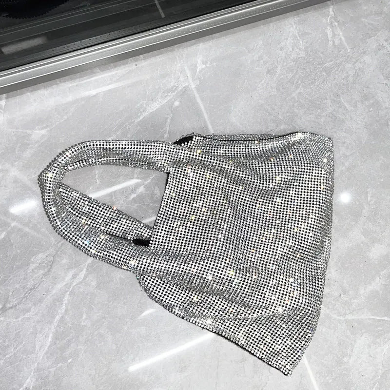 Shiny rhinestone handbag in silver colour, cotton thread construction, open pocket design for evening parties