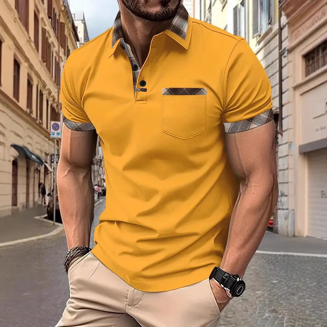 Men's plaid colourblock T-shirt with short sleeves and zipper decorations on front