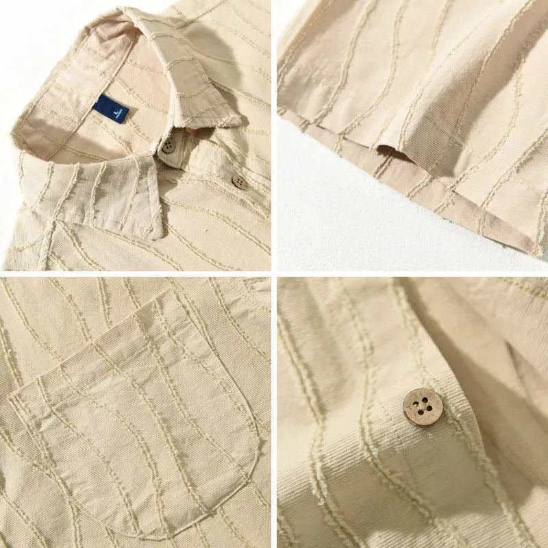 Men's pure cotton casual shirt with Japanese style, loose fit, and short sleeves in apricot colour