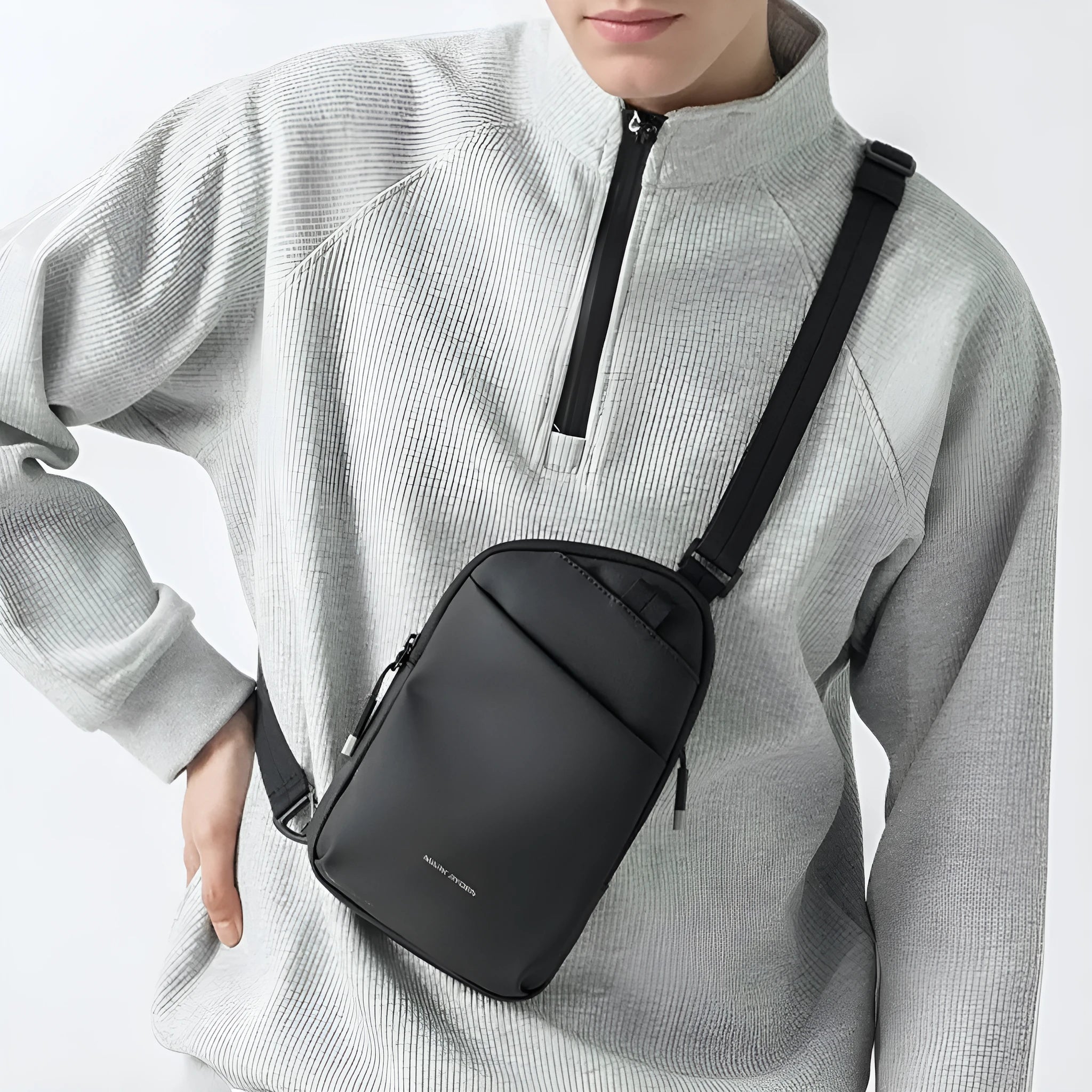 Men's black Oxford cloth crossbody bag with sewing thread detailing and single shoulder strap
