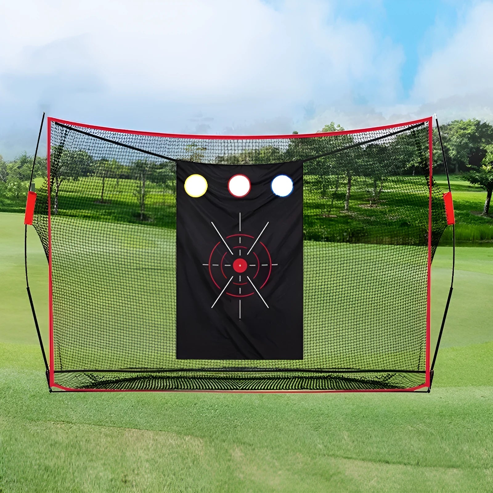 Golf swing wedge training net kit with cross target, straw mat, and practice balls