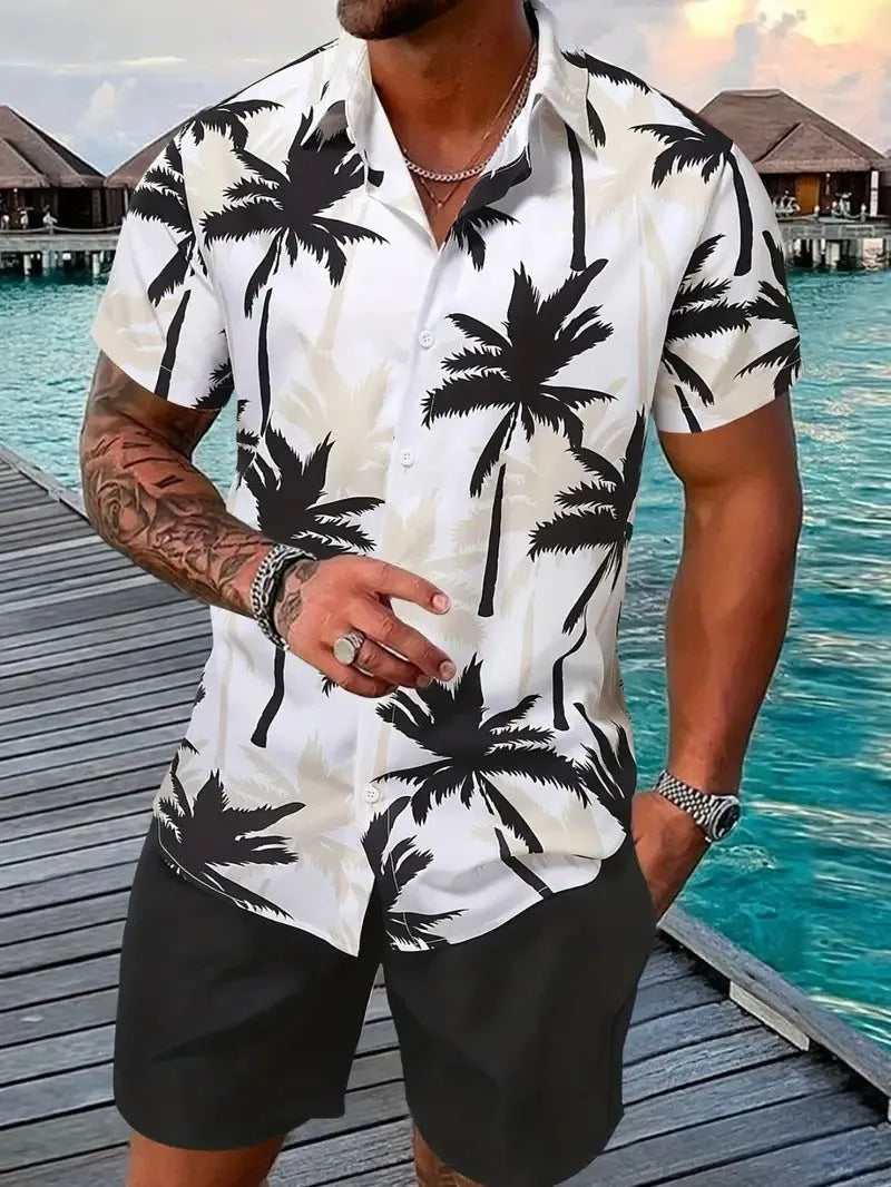 Men's 3D printed Hawaiian style short sleeve top and matching shorts summer suit