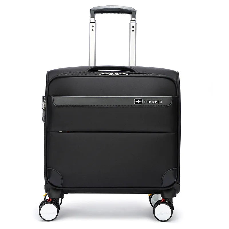 Black 18 inch Oxford cloth carry-on suitcase with retractable handle and universal wheels