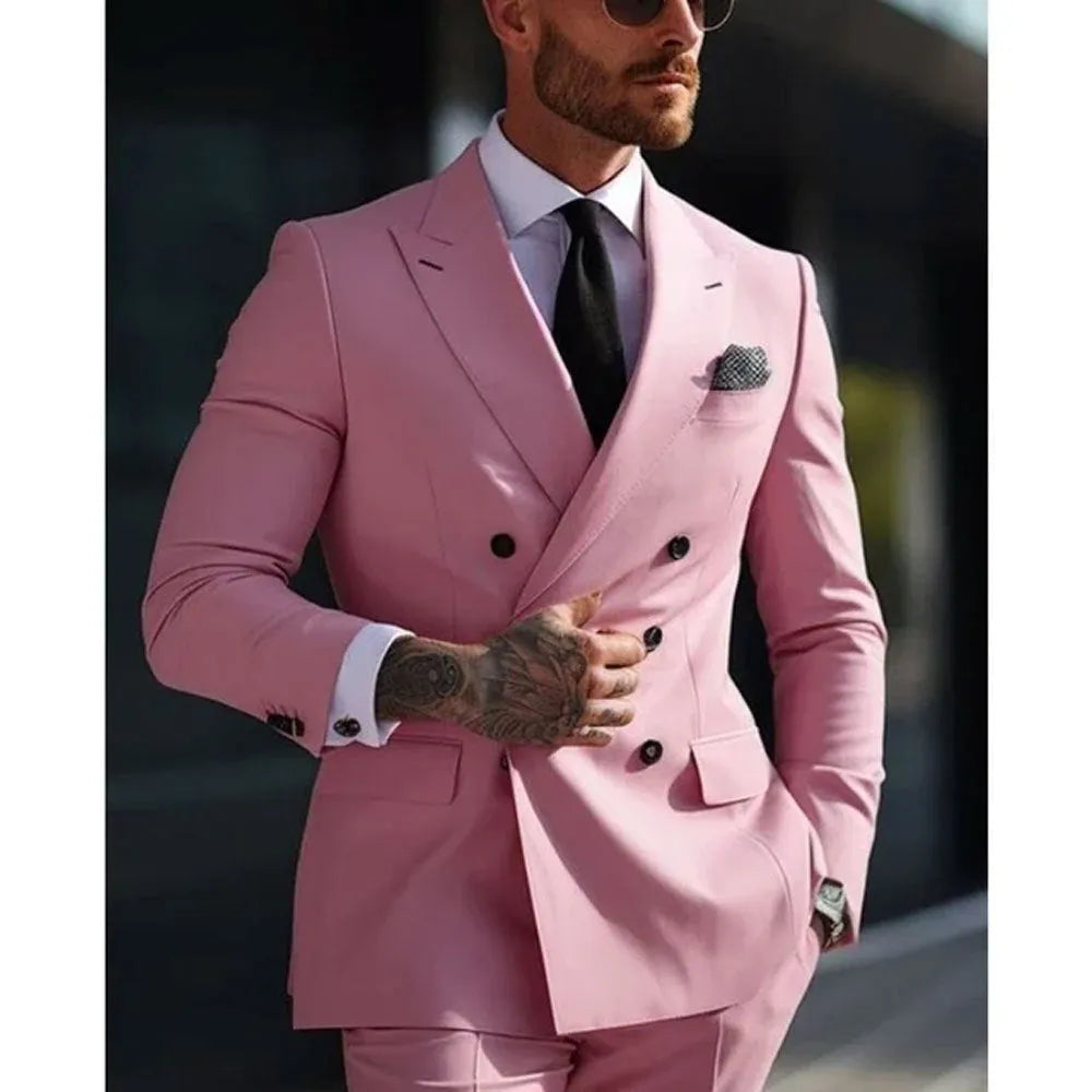 Men's Korean style slim fit two-piece business suit in cotton blend polyester fabric