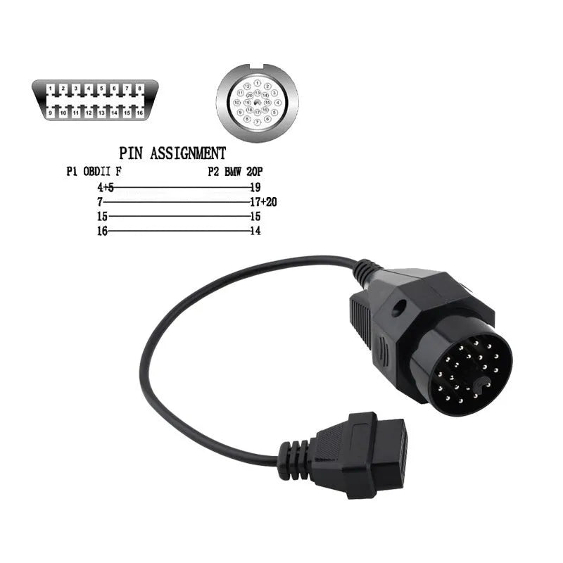 OBD2 BMW 20 pin to 16 pin diagnostic connector adapter cable isolated on white background.