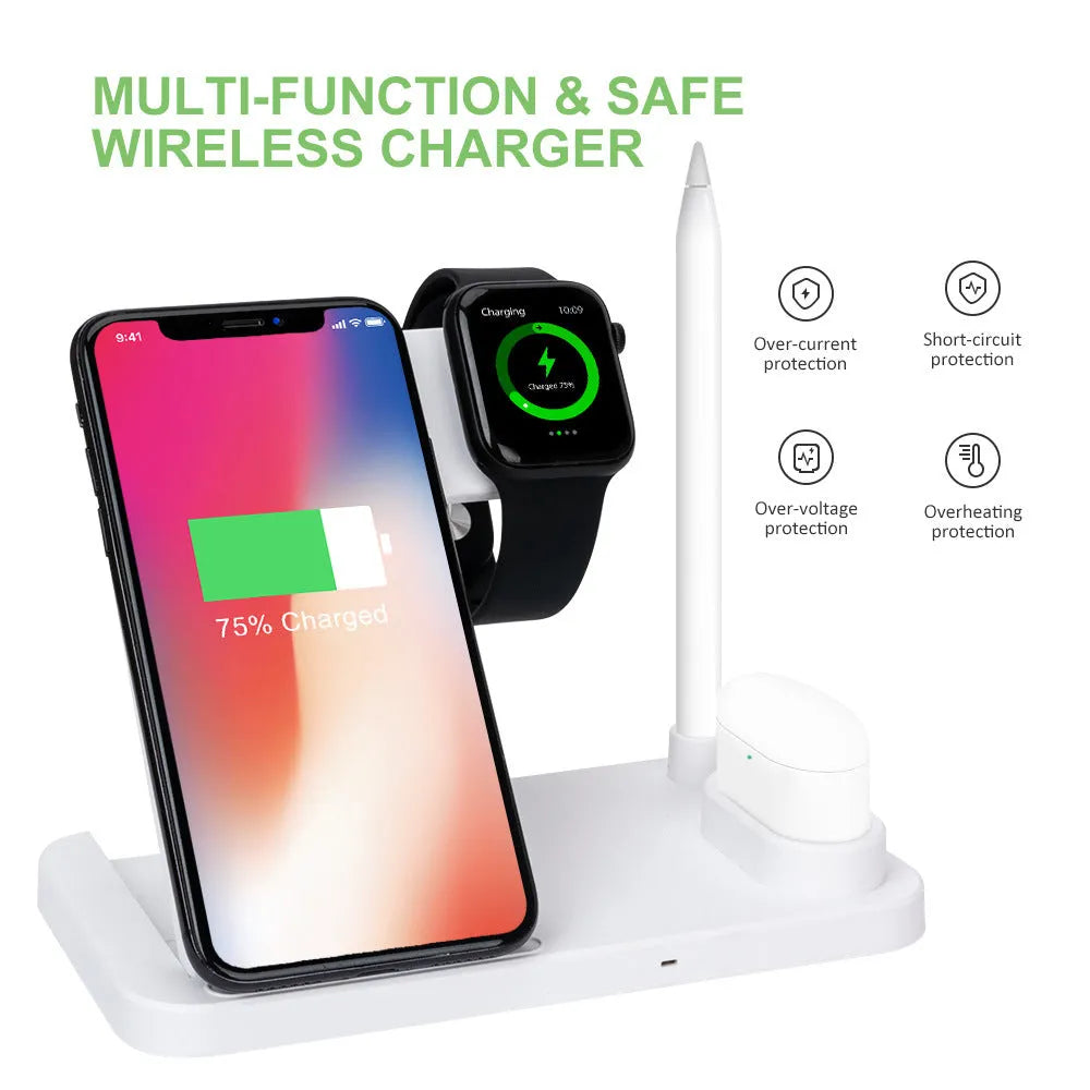 Black folding 4-in-1 wireless charger showing vertical stand mode charging an iPhone, with an Apple Pencil on its charging spot.