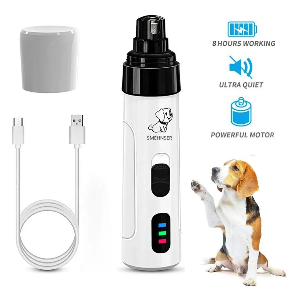 Electric dog nail grinder with LCD screen showing speed settings, UK plug, and dust collection port.