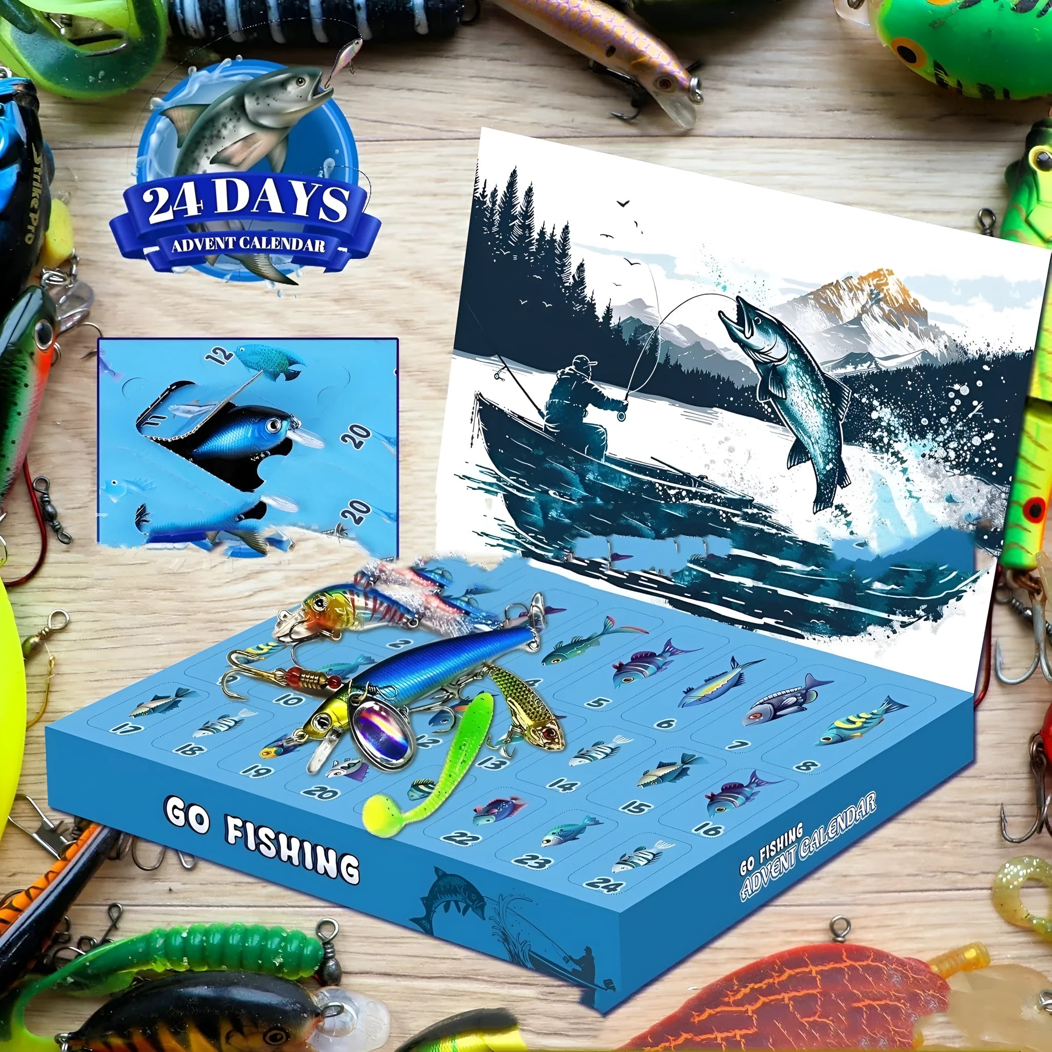 Christmas advent calendar fishing gear set, size 14x9x1.5 inches, featuring a fish set and fishing gear suit design