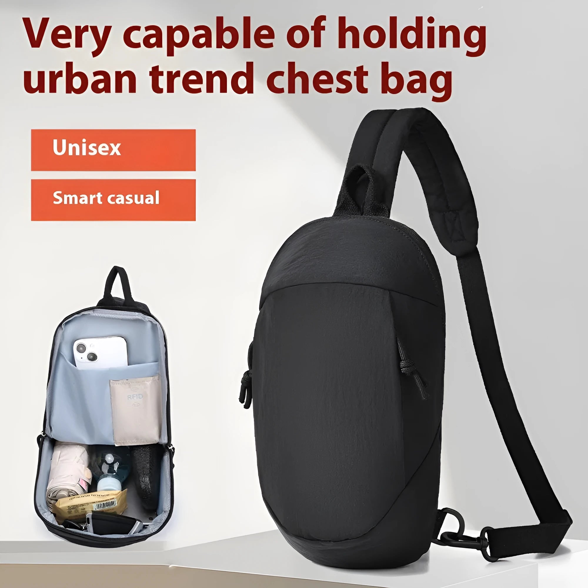 Outdoor nylon crossbody chest bag with phone pocket in one of six colours: black, white, green, pink, or grey.