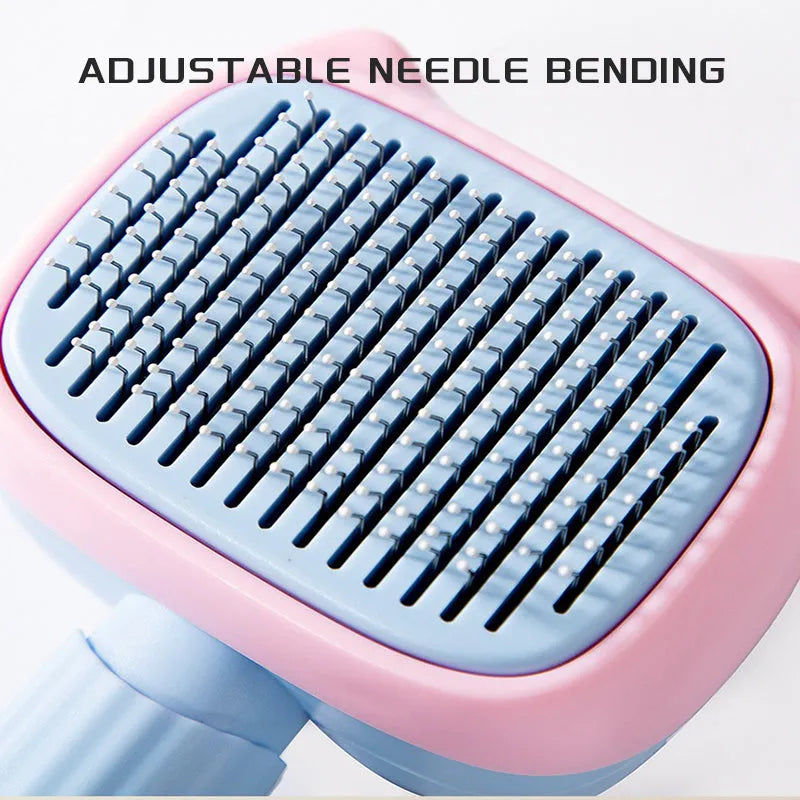 Blue double-sided pet grooming brush showing deshedding rake and dematting comb on a 195mm long handle.