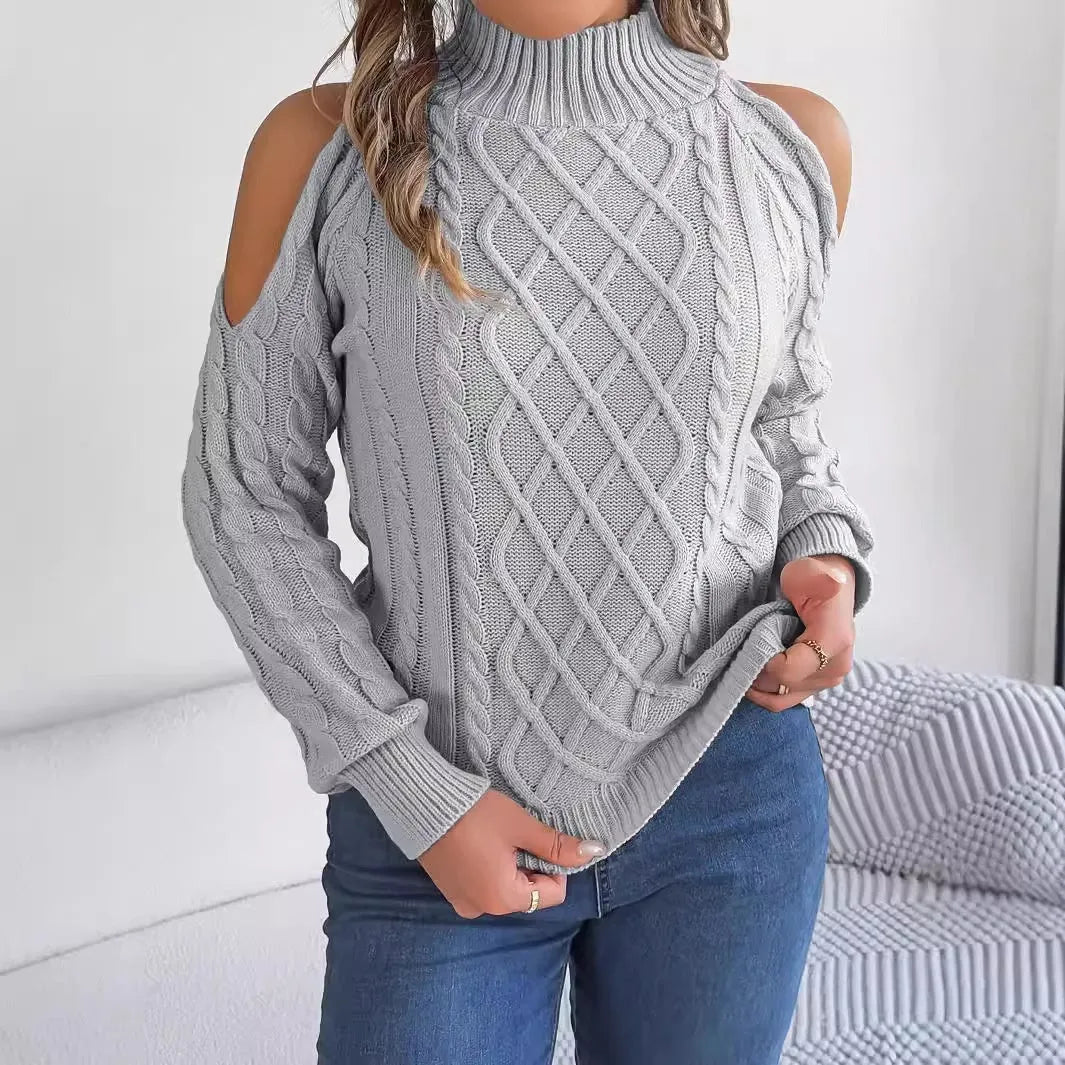 Women's strapless twist design casual sweater in acrylic fabric with half-high collar and lantern sleeves