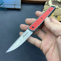 Closed and open views of a folding fruit knife with stainless steel blade in black, brown, or red handle options.