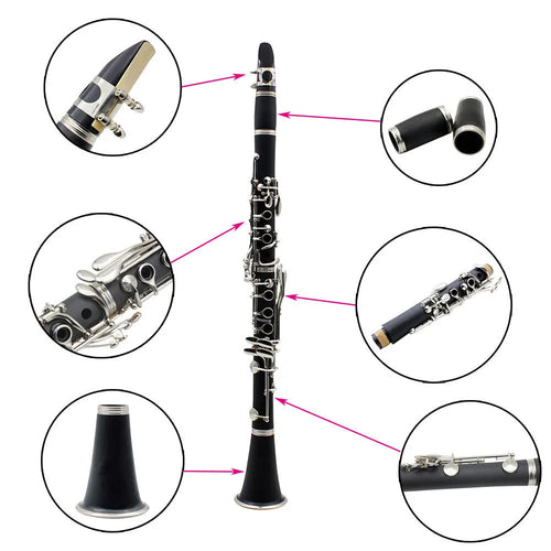 Black Bakelite beginner clarinet with 17 nickel-plated keys and carrying bag