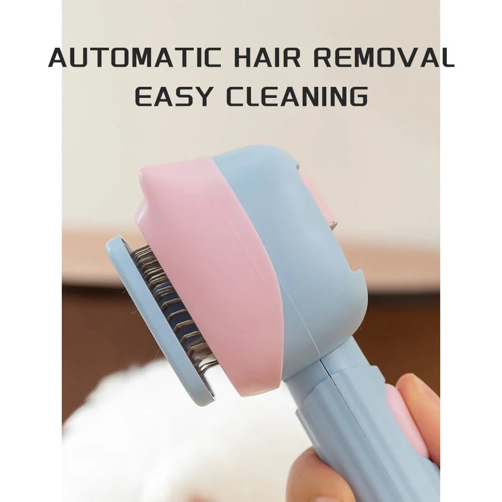 Blue double-sided pet grooming brush showing deshedding rake and dematting comb on a 195mm long handle.