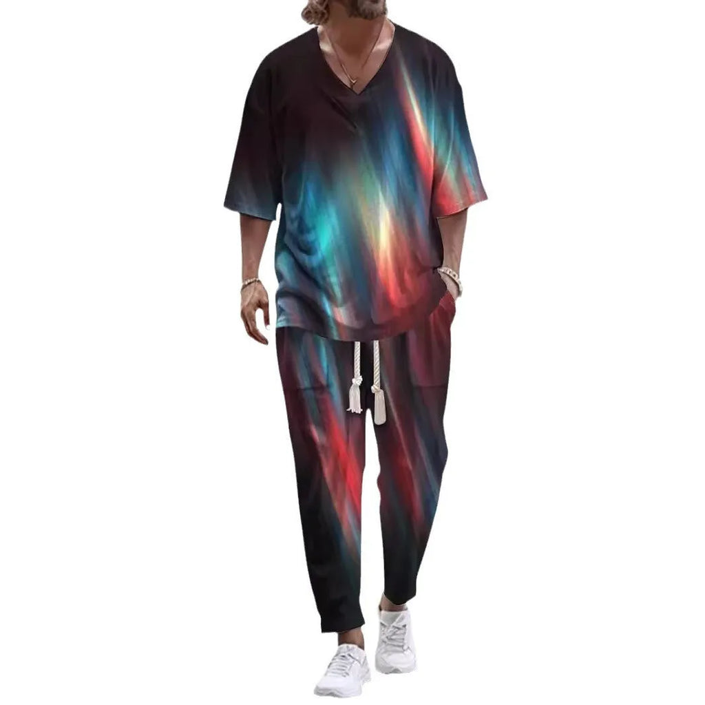 Two-piece trousers suit with V-neck cropped sleeve jacket in thin polyester fabric