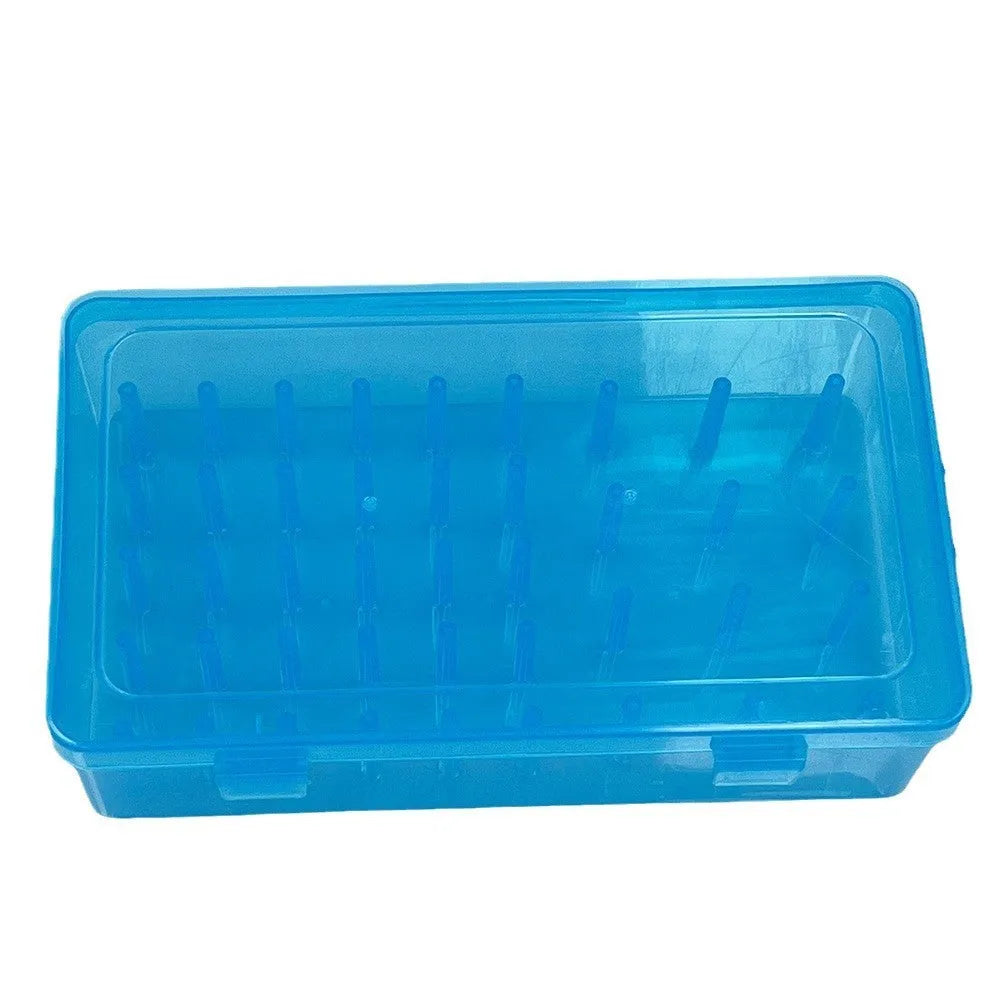 Transparent plastic embroidery thread storage box with 42 individual compartments.