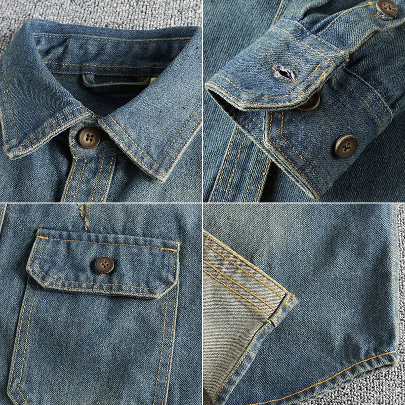 Men's light blue loose fit vintage denim shirt with long sleeves and cardigan style