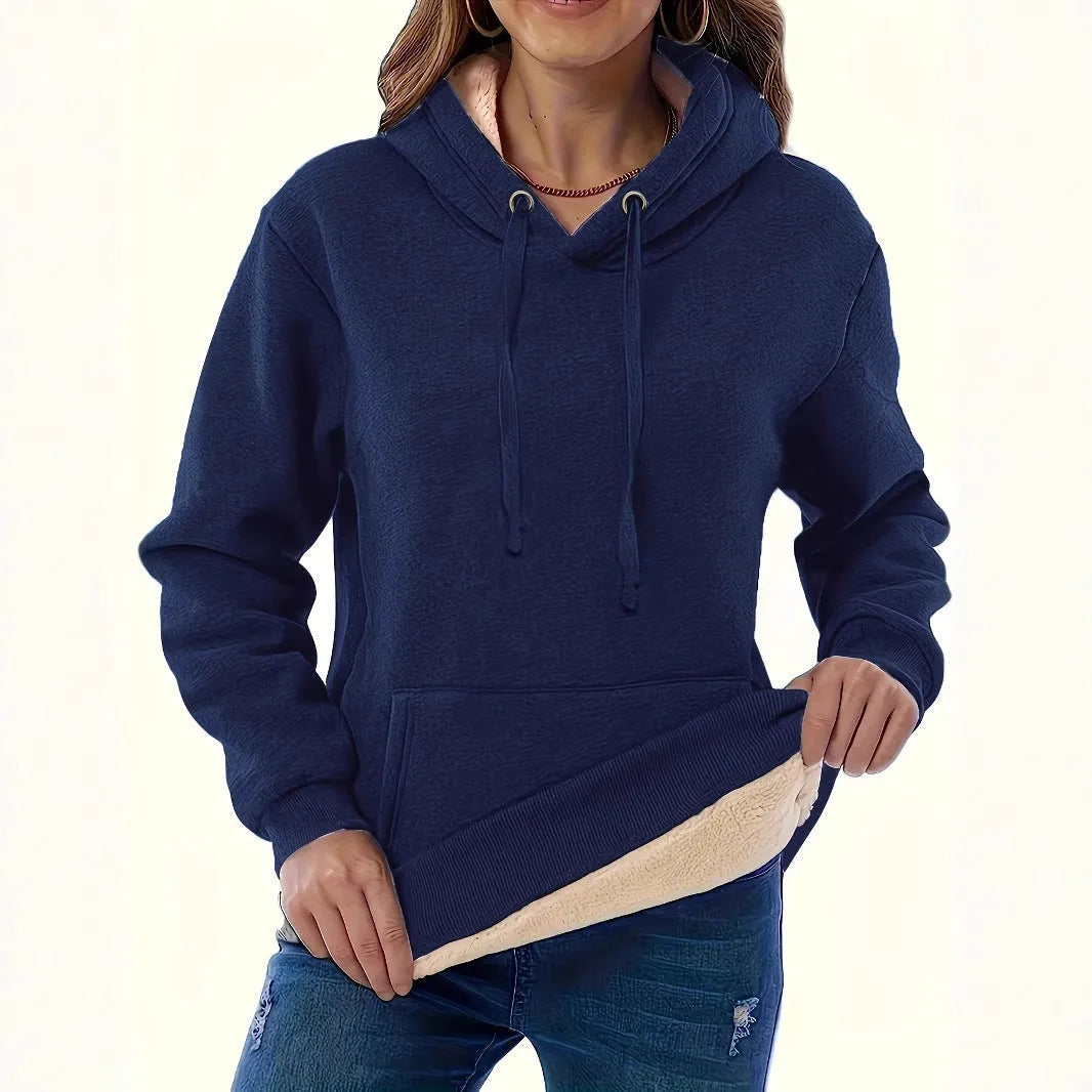 Women's thick polyester hooded sweater with 3D pattern, pockets, and loose fit design in multiple colours