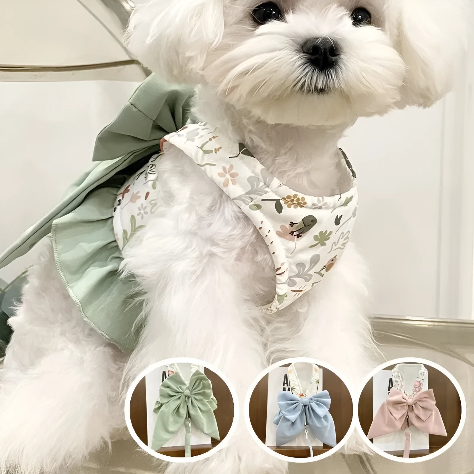 Dog Japanese three-purpose hand holding rope bow half vest style pet harness in Sky Blue on small dog
