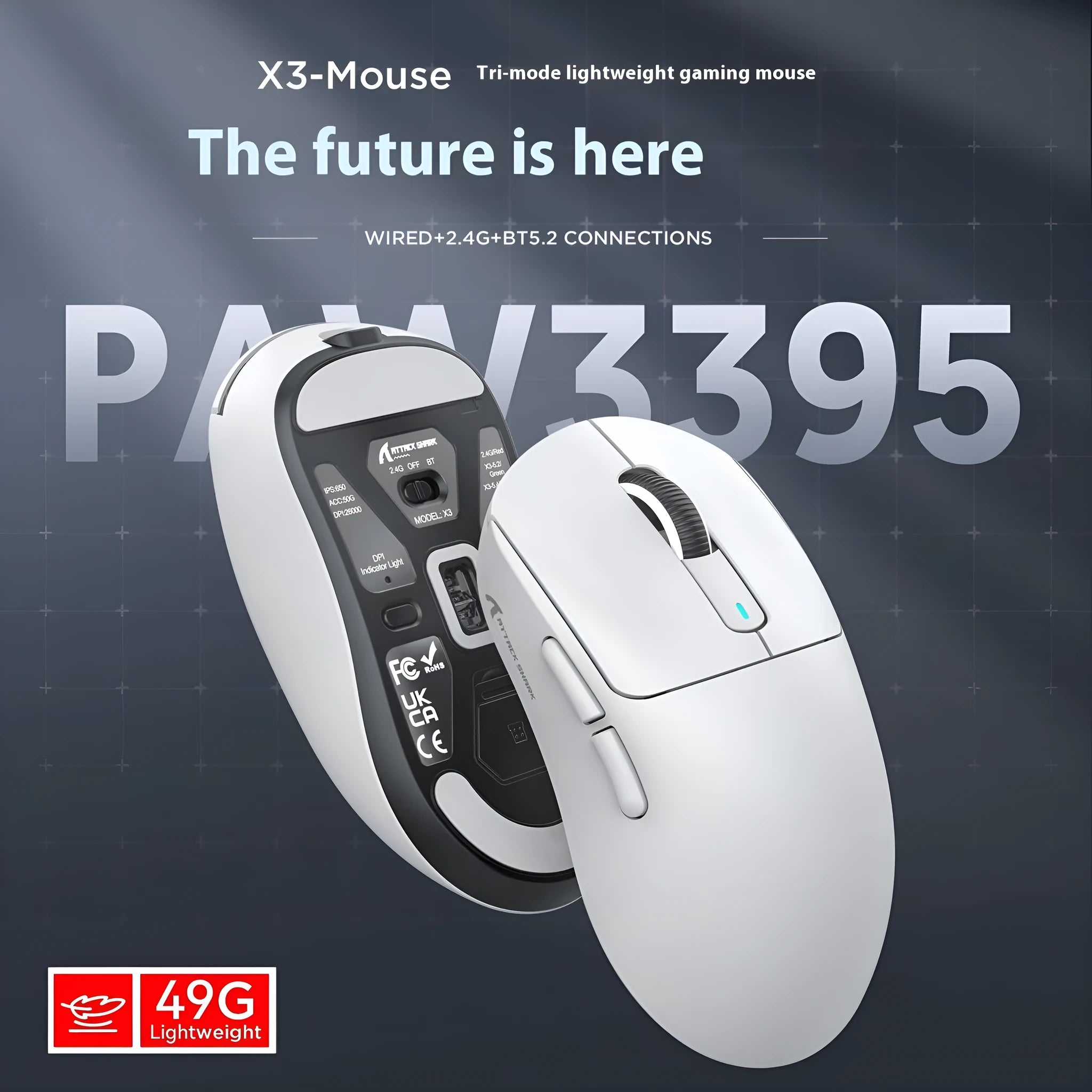 Black rechargeable computer mouse with three-mode connectivity on a desk next to a laptop.