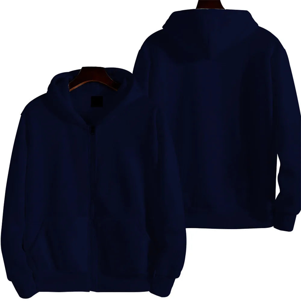 Men's solid colour loose fit zip-up sports jacket on a hanger.