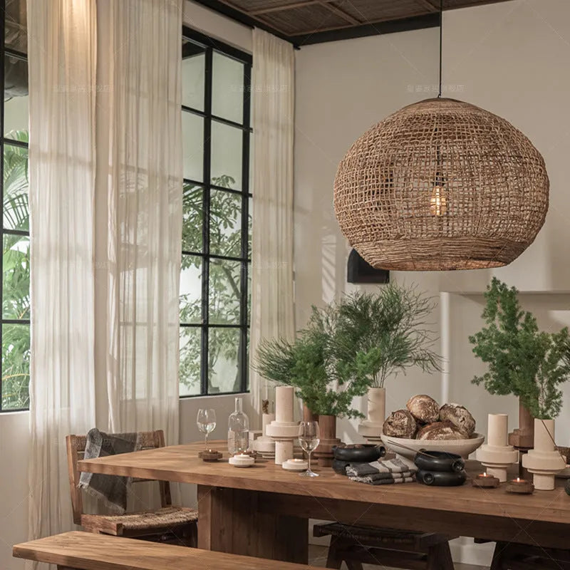 Rattan Japanese style dining room chandelier pendant light, diameters 45cm 60cm 80cm, silent wind design, natural woven shade
