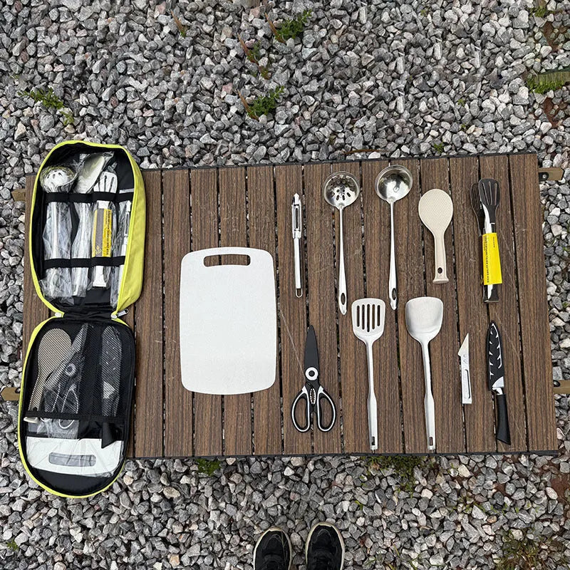 Picnic storage bag containing 12 stainless steel utensils for outdoor meals.