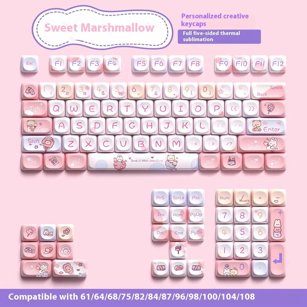 Sweet cotton candy coloured mechanical keyboard keycaps arranged in complete 112-key and 120-key sets