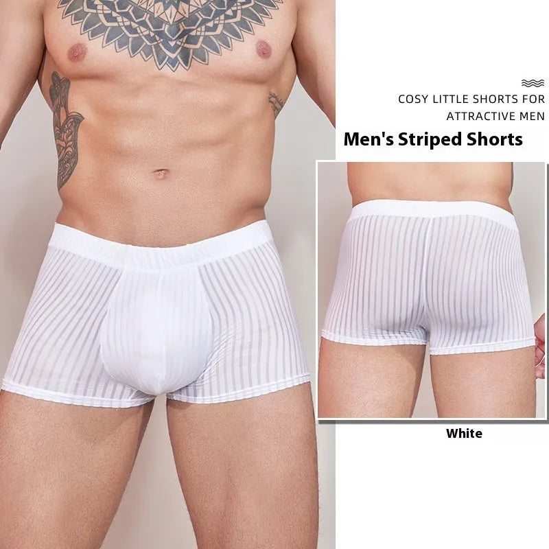 Men's striped thin transparent nylon underwear in black, white and dark grey colours