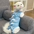 Lace-up cat sterilisation recovery suit in polyester shown in multiple colours with adjustable closure