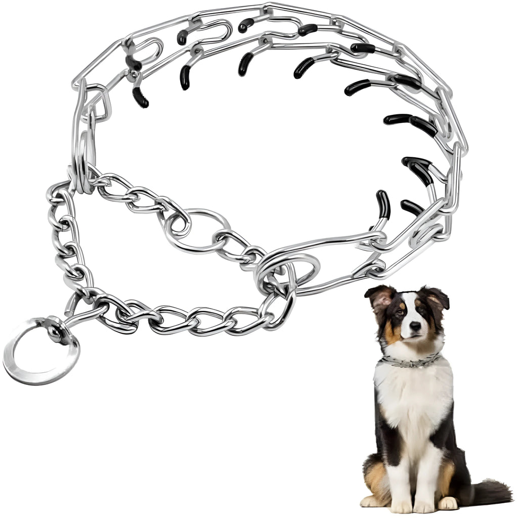 Stainless steel dog training pinch collar with adjustable chain links and rubber comfort tips