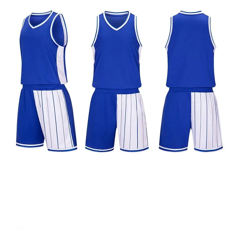 Men's basketball uniform set showing quick-dry top and shorts in blue, sizes M to 6XL.