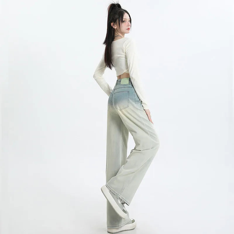 Women's gradient blue straight-leg denim trousers in cotton fabric