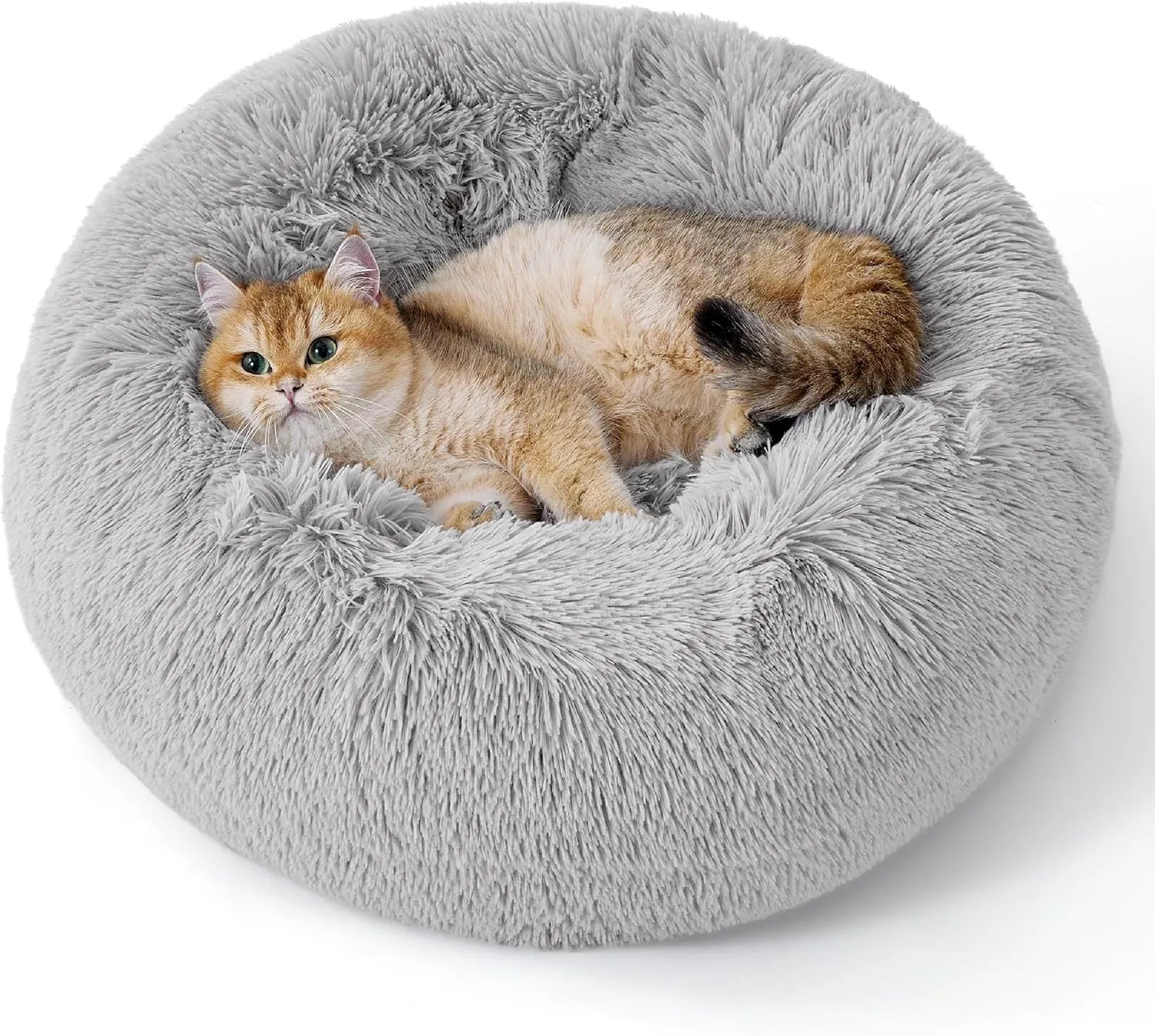 Indoor non-slip round fluffy plush pet bed for dogs in khaki, 60cm size, on a wooden floor