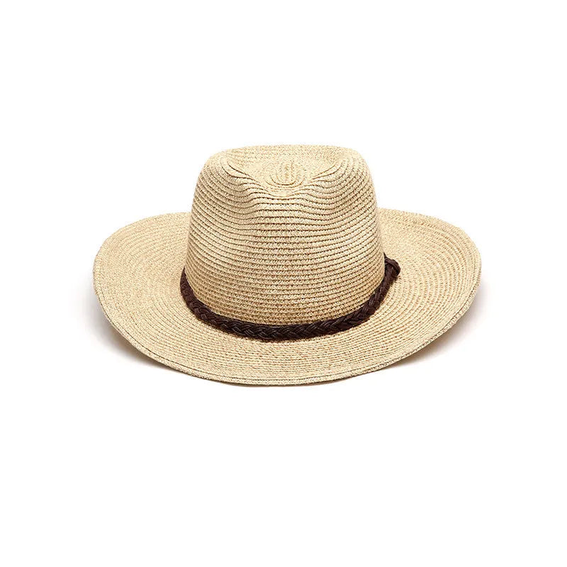 Men's foldable straw sun hat with wide brim shown in beige colour