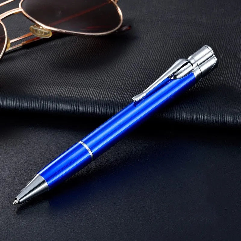 Metal windproof pen lighter showing jet flame, available in black blue red rose red silver yellow colours