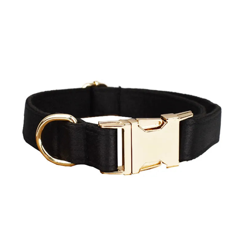 Cloth dog collar and leash set with chest strap, coordinating bow, and dog vest in multiple sizes.