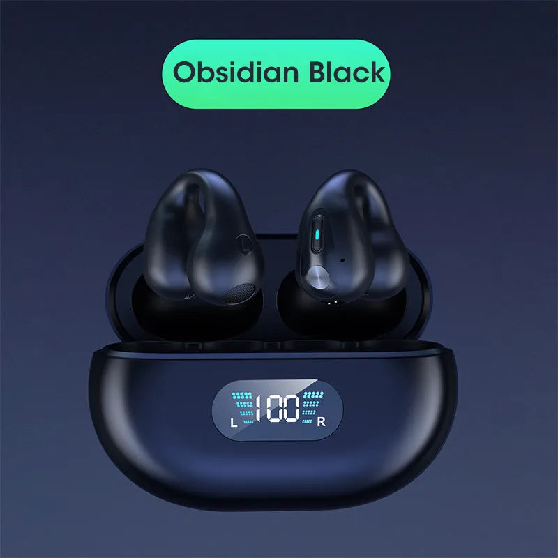 Black bone conduction Bluetooth headset clip showing ear clip design and charging cable