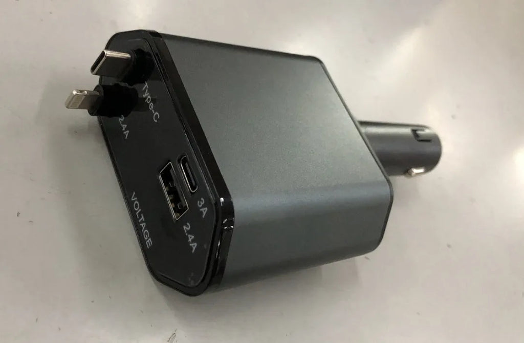 Automatic retractable car charger plugged into a vehicle cigarette lighter socket with extended cable.