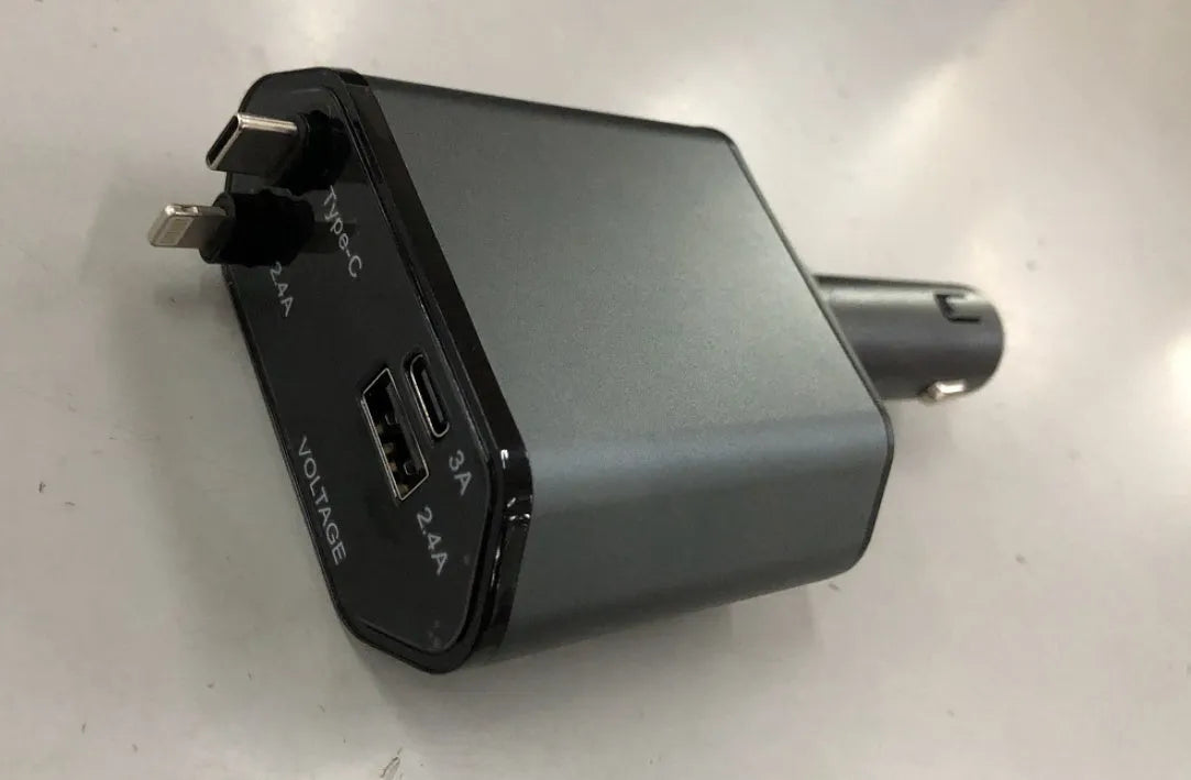 Automatic retractable car charger plugged into a vehicle cigarette lighter socket with extended cable.