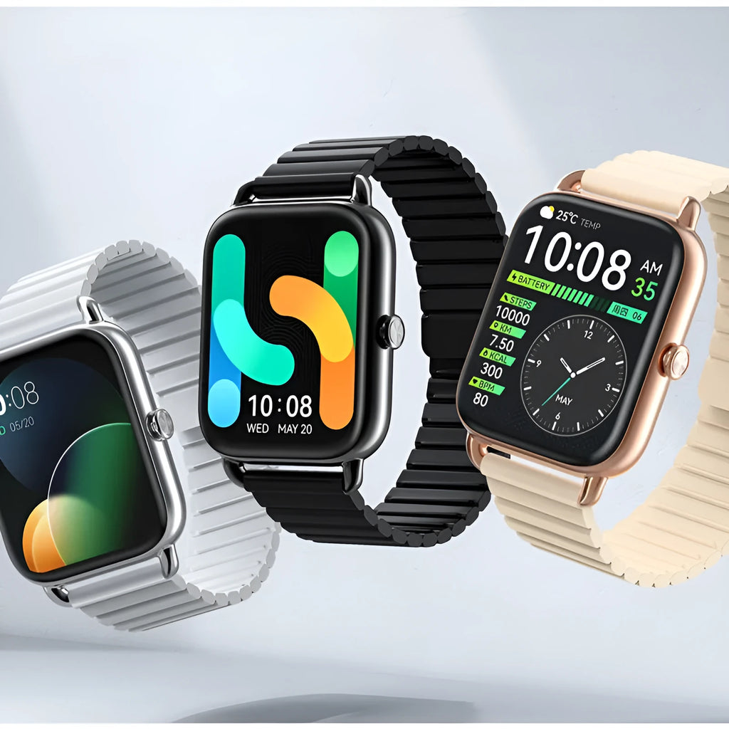 HAYLOU RS4 Plus smartwatch in black on wrist, showing AMOLED display with fitness stats.