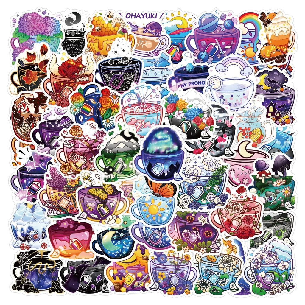 Colourful tea cup graffiti design waterproof stickers, 50-piece pack for scooter and luggage decoration.